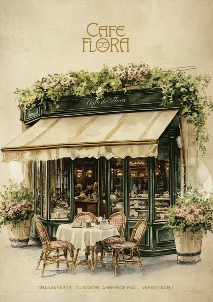 Watercolour of the Café de Flora shopfront with a striped awning, flower boxes and bistro chairs, from our menu cover